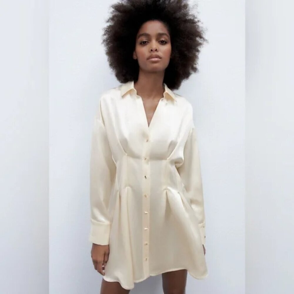 Zara Satin Effect Gold Button Down Shirt Dress Ecru White Size Small